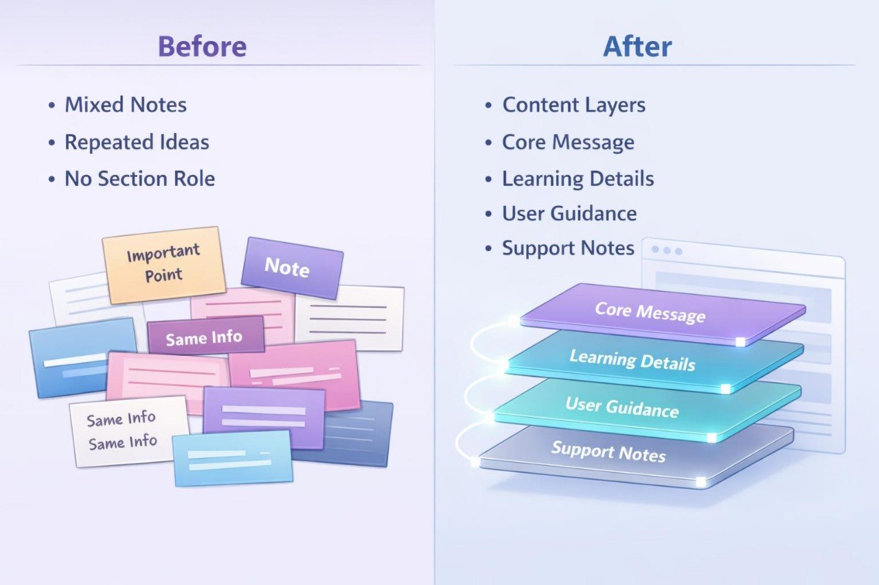 Comparison chart showing 'Before' and 'After' of content organization with different layers.