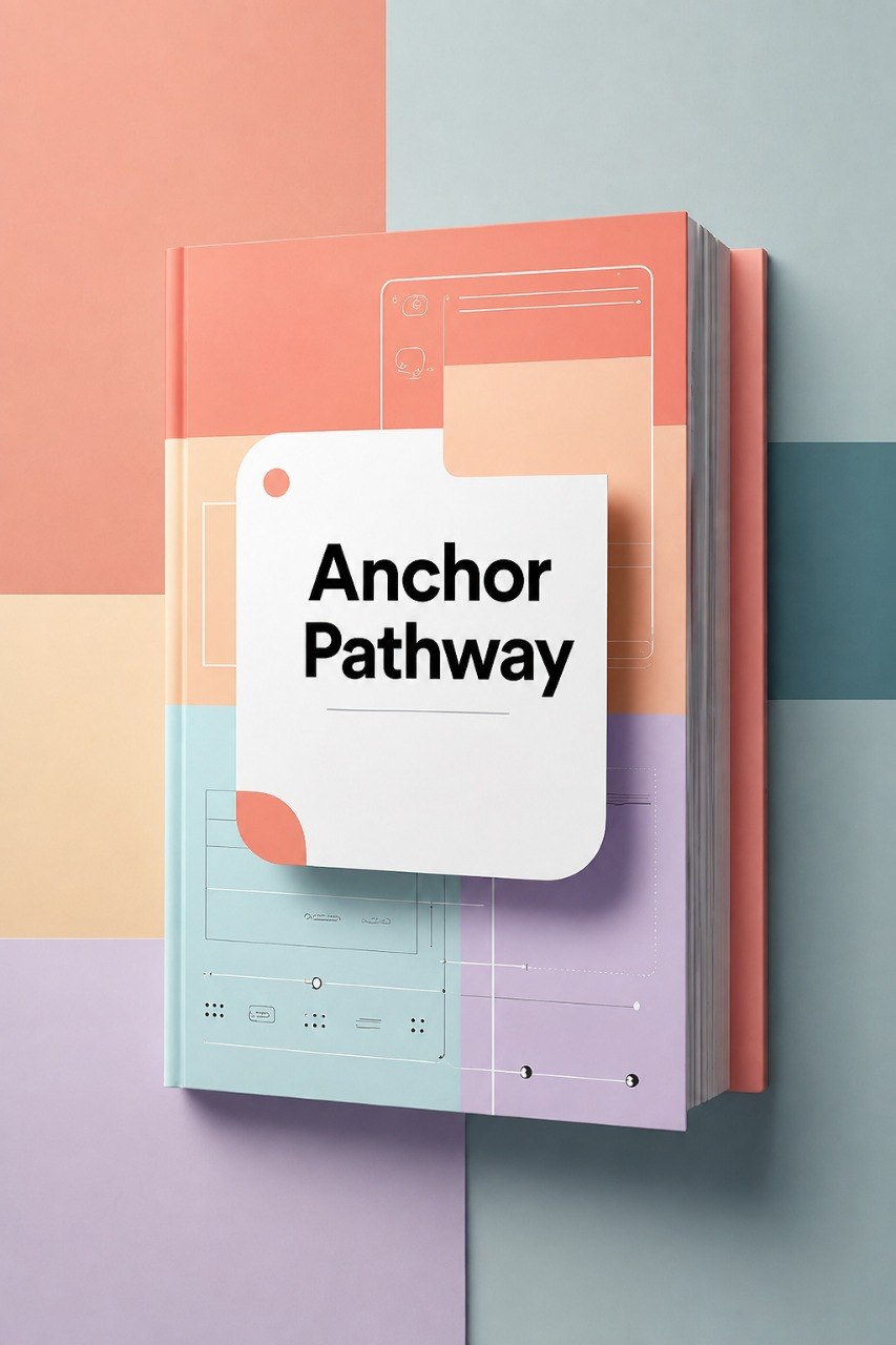 A book or notebook titled 'Anchor Pathway' shown standing upright against a pastel geometric background. The cover features a white sticky note graphic with black text over peach, lavender, light blue, and cream blocks.