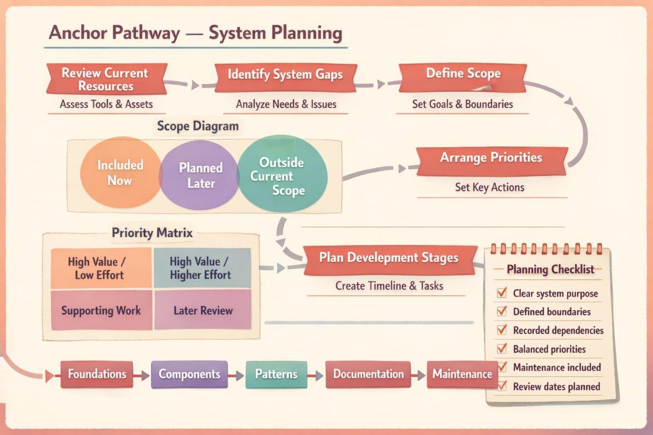 An educational flowchart titled 'Anchor Pathway — System Planning' on a light peach background. The diagram uses red, orange, teal, and purple blocks connected by gray arrows to outline steps such as reviewing current resources, identifying system gaps, arranging priorities, and planning development stages.