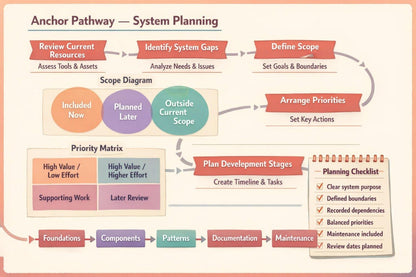 An educational flowchart titled 'Anchor Pathway — System Planning' on a light peach background. The diagram uses red, orange, teal, and purple blocks connected by gray arrows to outline steps such as reviewing current resources, identifying system gaps, arranging priorities, and planning development stages.