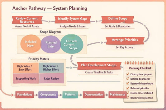 An educational flowchart titled 'Anchor Pathway — System Planning' on a light peach background. The diagram uses red, orange, teal, and purple blocks connected by gray arrows to outline steps such as reviewing current resources, identifying system gaps, arranging priorities, and planning development stages.