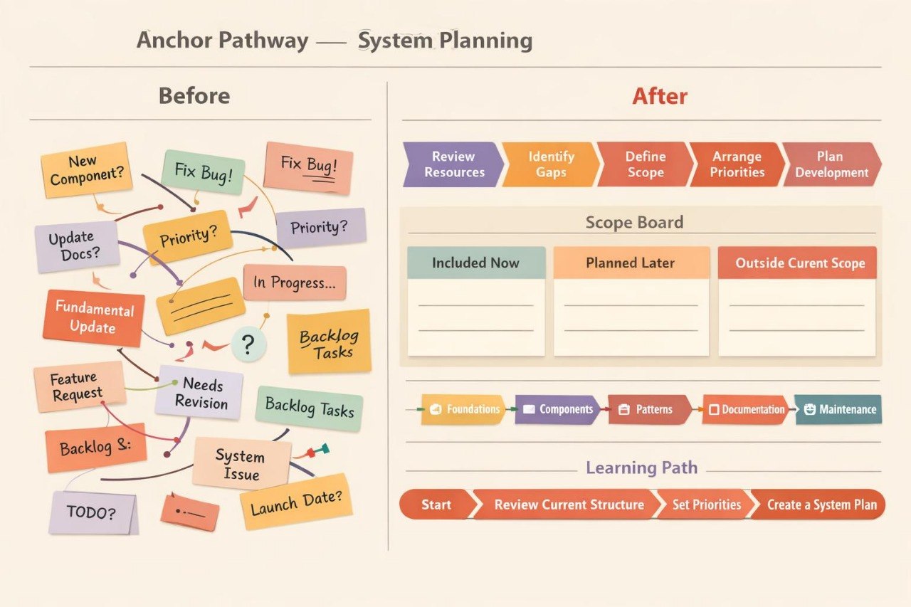 An anchor pathway system planning diagram with a 'Before' and 'After' comparison layout on a warm beige background. The 'Before' section shows a flow of questions and tasks like 'New Component?', 'Fix Bug?', and 'Priority?' in colorful sticky notes.