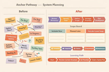 An anchor pathway system planning diagram with a 'Before' and 'After' comparison layout on a warm beige background. The 'Before' section shows a flow of questions and tasks like 'New Component?', 'Fix Bug?', and 'Priority?' in colorful sticky notes.