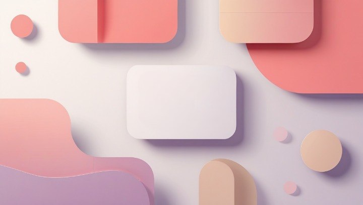 Abstract 3D geometric shapes in soft pastel pink, peach, lavender, and white with gentle shadows on a light background.