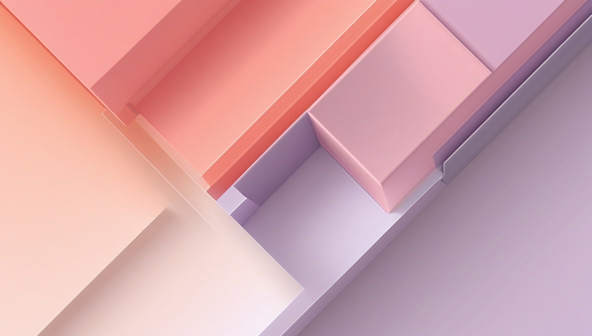 Abstract 3D geometric blocks and planes in soft pastel shades of pink, peach, lavender, and cream, arranged diagonally with smooth gradients.
