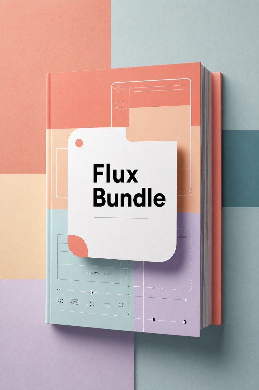 A stylized product mockup of a book or booklet titled 'Flux Bundle' with a white sticky-note-like cover overlay, shown against a pastel geometric background in peach, lavender, mint, and blue-gray.