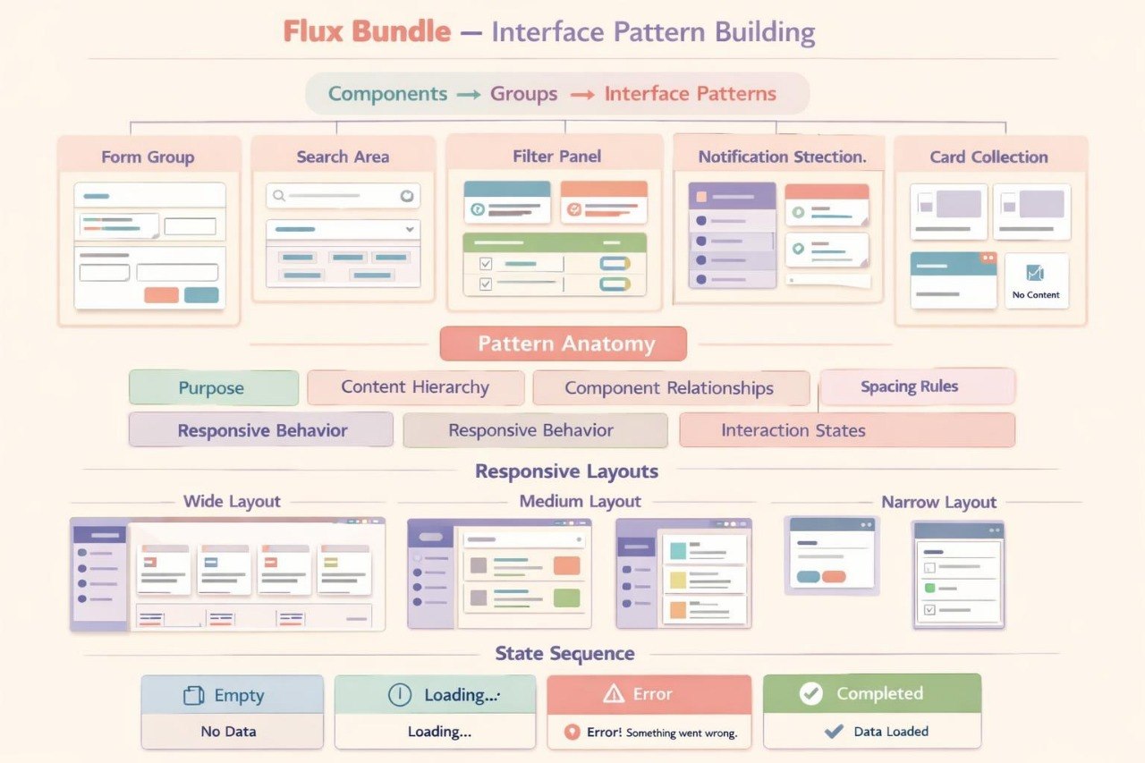 An infographic titled 'Flux Bundle — Interface Pattern Building' with multiple labeled panels showing UI design concepts such as form groups, search areas, filter panels, notification directions, card collections, pattern anatomy, responsive layouts, and state sequences on a pale peach background.