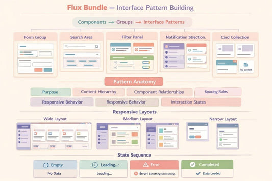 An infographic titled 'Flux Bundle — Interface Pattern Building' with multiple labeled panels showing UI design concepts such as form groups, search areas, filter panels, notification directions, card collections, pattern anatomy, responsive layouts, and state sequences on a pale peach background.