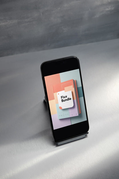 A smartphone displayed upright on a small stand on a light gray surface, with a dark gray textured background. The phone screen shows a colorful app or digital product cover labeled 'Flux Bundle'.