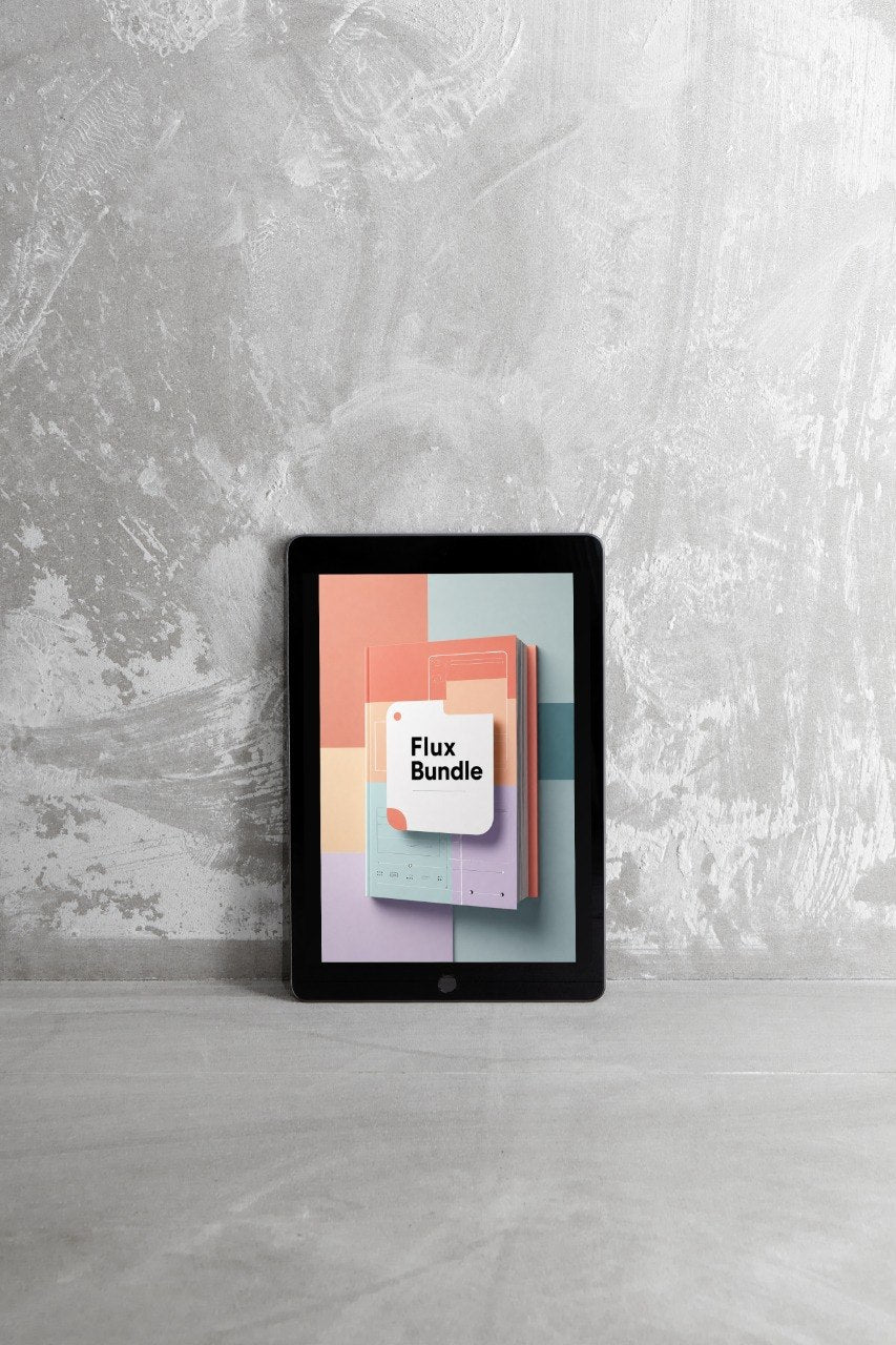 A tablet device standing upright against a textured light gray wall, displaying a colorful digital cover with the text 'Flux Bundle'.