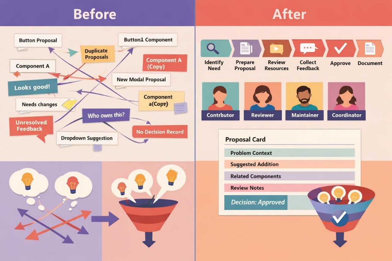 An infographic comparing a 'Before' and 'After' workflow for creating a proposal. The left 'Before' section shows a complex web of arrows and labels like 'Button Proposal' and 'Component A' with a funnel at the bottom.