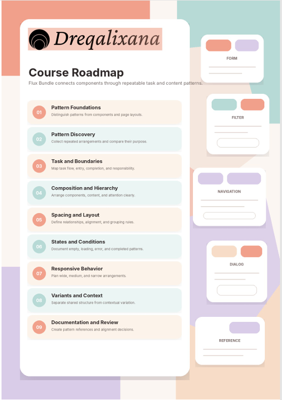A digital template preview of a 'Course Roadmap' design layout by Dreqalixana, featuring a pastel multicolor palette with white cards and soft pink, teal, and lavender accents.