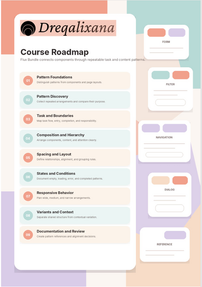 A digital template preview of a 'Course Roadmap' design layout by Dreqalixana, featuring a pastel multicolor palette with white cards and soft pink, teal, and lavender accents.
