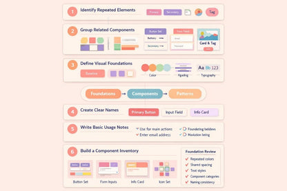 A digital infographic outlining a 6-step guide for building a component inventory, featuring colorful icons, labels, and text on a soft peach background.