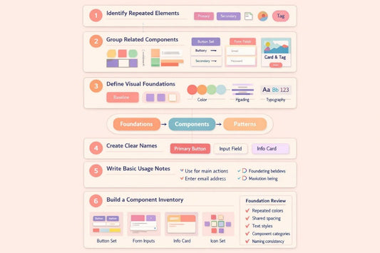 A digital infographic outlining a 6-step guide for building a component inventory, featuring colorful icons, labels, and text on a soft peach background.