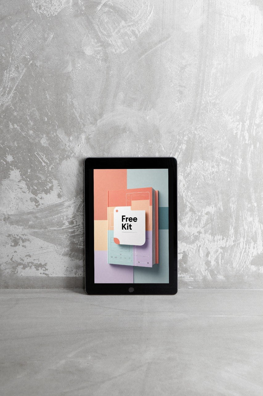 A tablet device standing upright against a textured light gray wall on a matching surface, displaying a colorful digital cover with the words 'Free Kit'.