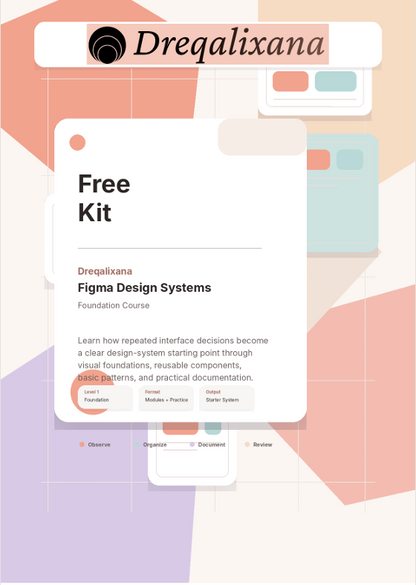 Promotional graphic for the Dreqalixana Figma Design Systems Free Kit, featuring a clean white card with text over a soft pastel geometric background with peach, lavender, and mint shapes.