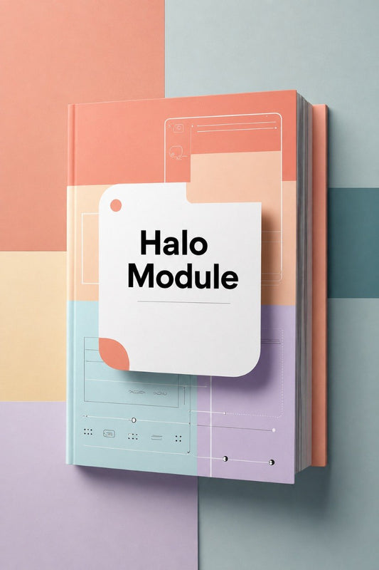 A stylized product mockup of a book or notebook titled 'Halo Module' with a white sticky note overlay, set against a pastel geometric background.
