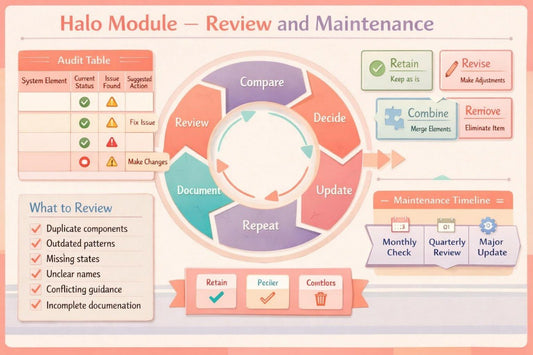 An educational digital graphic titled 'Halo Module - Review and Maintenance' showing a circular workflow diagram with Compare, Review, Document, Repeat, and Update steps, alongside tables for Audit Table and Maintenance Timeline on a peach-colored background.