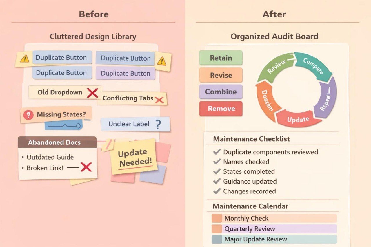 A before-and-after comparison graphic showing a messy design library layout on the left labeled 'Before' and an organized audit board, review, combine, document, update, and remove circular diagram with a maintenance checklist and calendar on the right labeled 'After'.