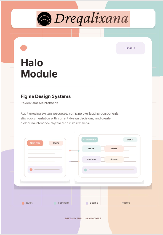 A digital cover page for a design system module titled 'Halo Module' by Dreqalixana, featuring a clean white card layout with pastel geometric accents in orange, teal, lavender, and gray.