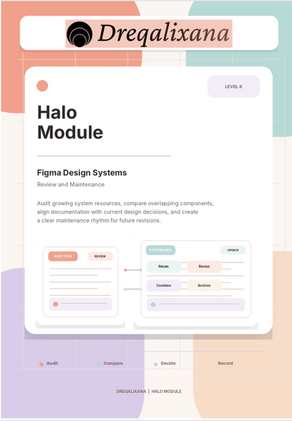 A digital cover page for a design system module titled 'Halo Module' by Dreqalixana, featuring a clean white card layout with pastel geometric accents in orange, teal, lavender, and gray.