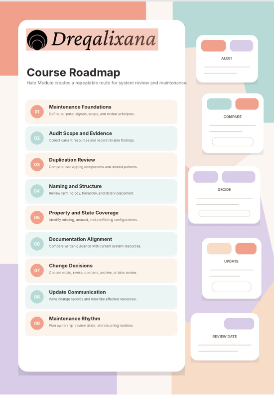 A digital course roadmap template titled 'Drequalixana Course Roadmap' with pastel-colored sections and boxes for maintenance stages, audit, compare, decide, update, and review date fields.