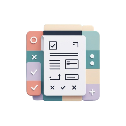 A stylized 3D illustration of a checklist or task list interface, featuring a central white card with black outline icons and surrounding pastel-colored blocks in coral, teal, lavender, and cream.