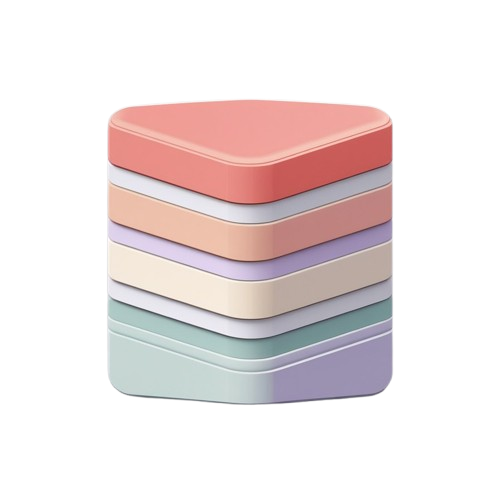 A stack of six rounded square containers or boxes in pastel colors, including coral, peach, pink, lavender, cream, and mint green, shown on a plain white background.