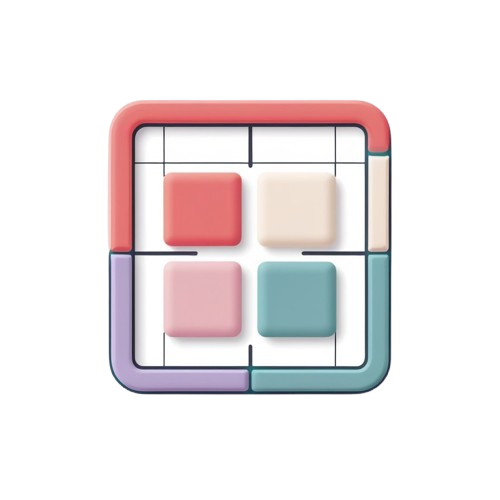 A stylized square icon or app-style graphic on a white background, featuring a grid layout with four pastel color blocks: coral, cream, pink, and teal, surrounded by a multicolor border.