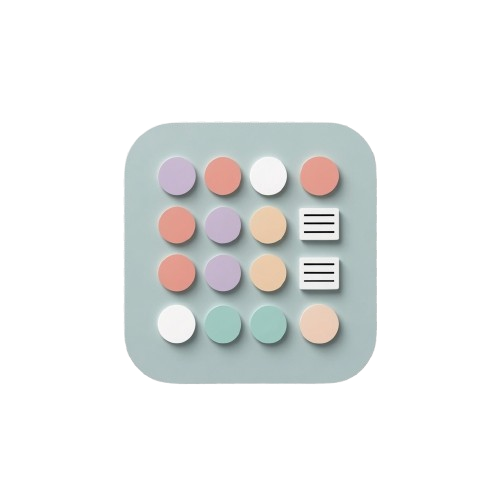 A square, rounded-corner gray controller or gamepad featuring a grid of pastel-colored circular buttons and two white rectangular buttons with black horizontal lines, set against a plain white background.