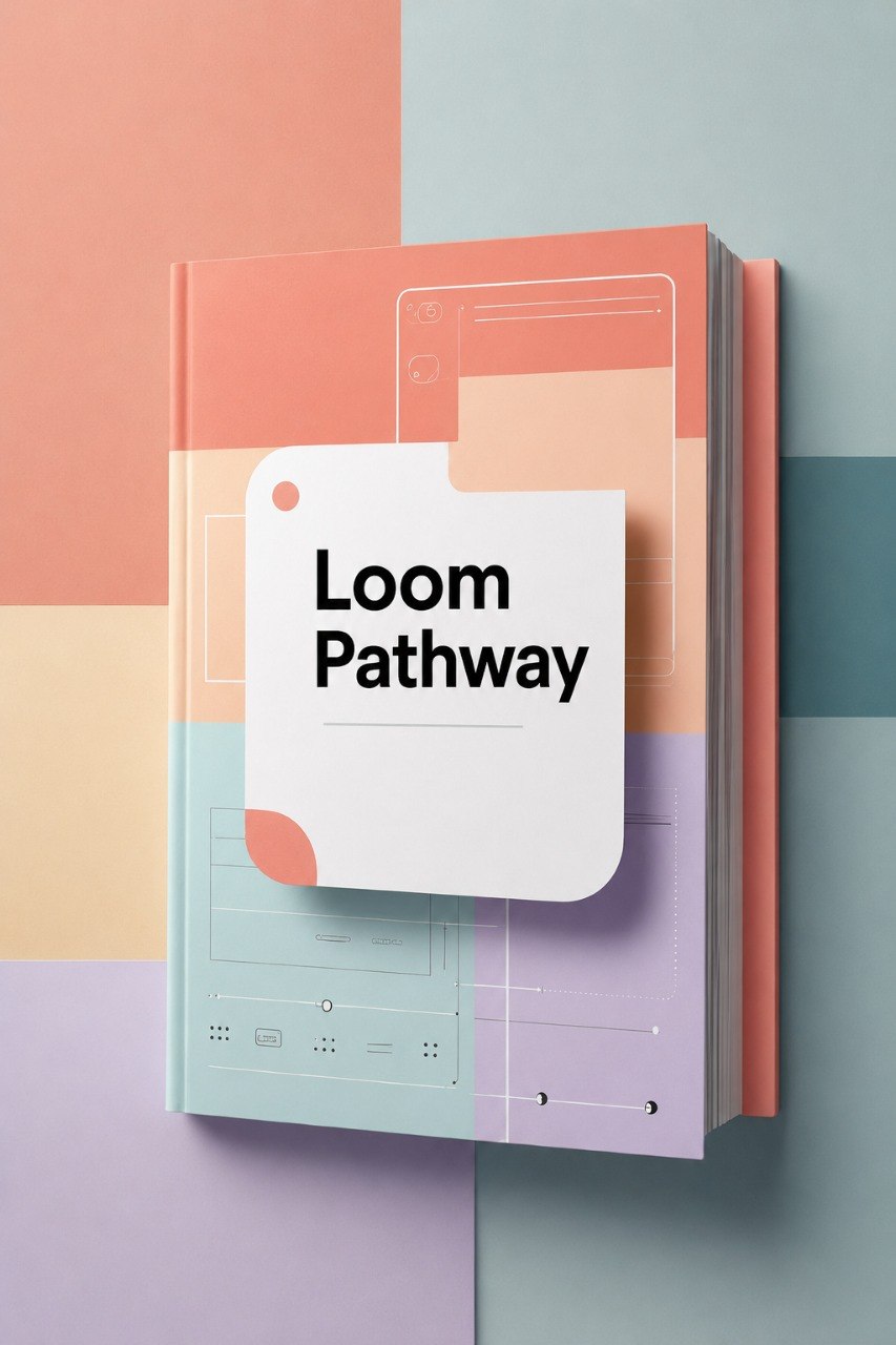 A hardcover book or notebook standing upright with a large white tag overlay reading 'Loom Pathway.' The cover has a pastel geometric design in peach, lavender, mint, and cream, set against a matching pastel background.