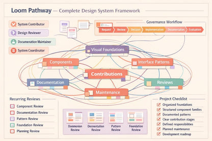 A process flowchart titled 'Loom Pathway — Complete Design System Framework' on a light beige background. The diagram uses multiple colored boxes and connecting lines to show workflow steps such as visual foundations, components, interface patterns, contributions, maintenance, reviews, recurring reviews, and a project checklist.