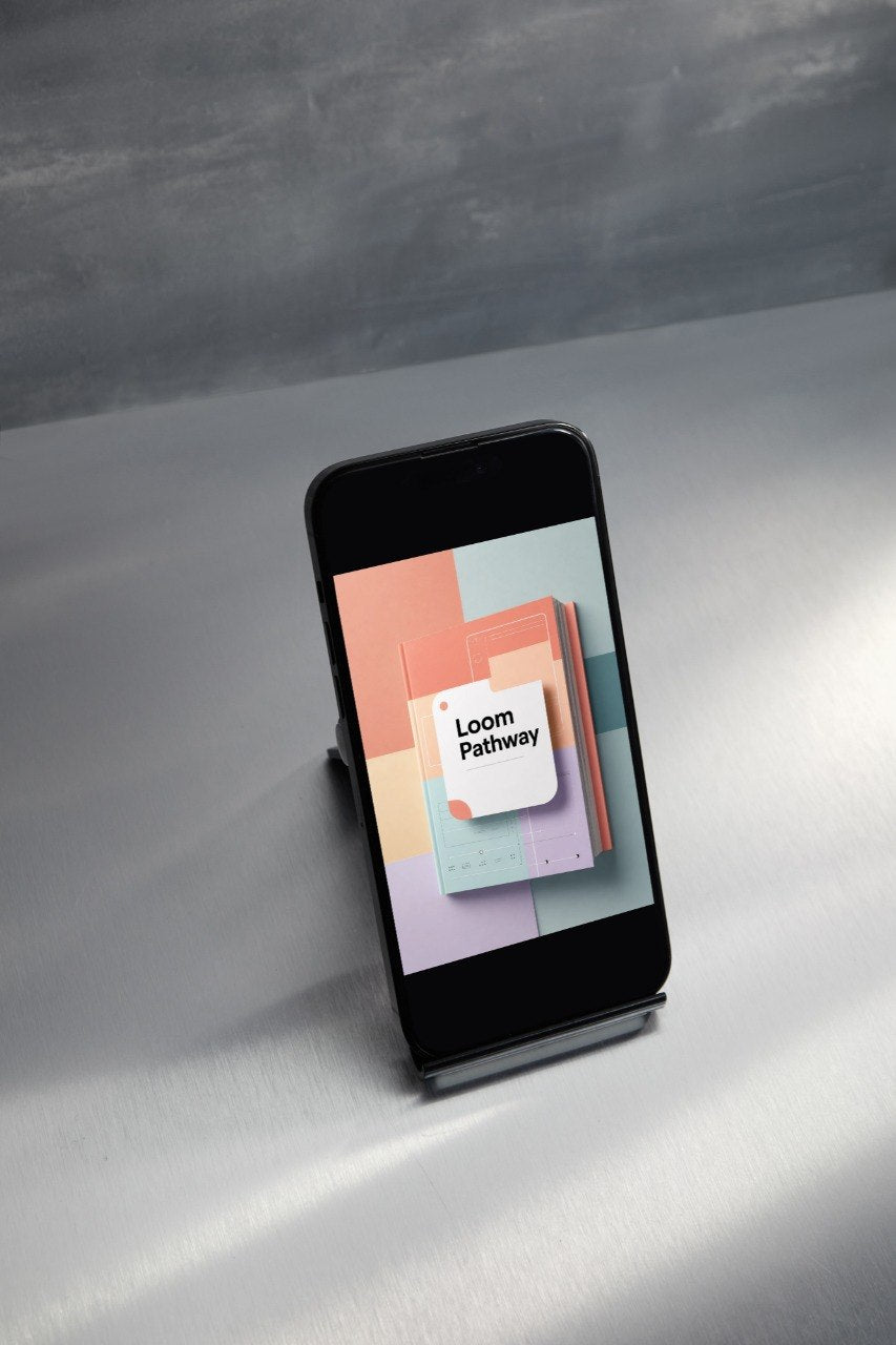 A black smartphone displayed upright on a small stand on a light gray surface, with a gray textured background. The phone screen shows a colorful app cover labeled 'Loom Pathway'.