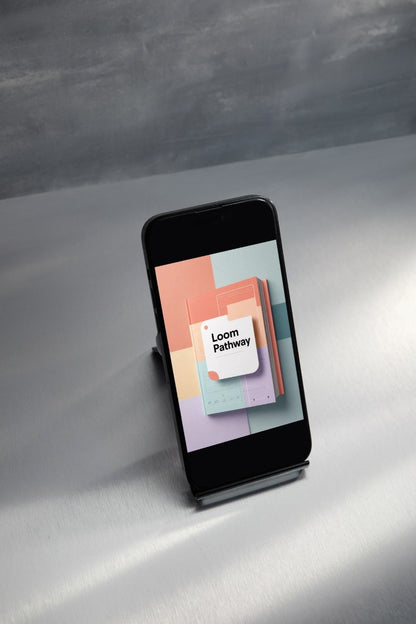 A black smartphone displayed upright on a small stand on a light gray surface, with a gray textured background. The phone screen shows a colorful app cover labeled 'Loom Pathway'.