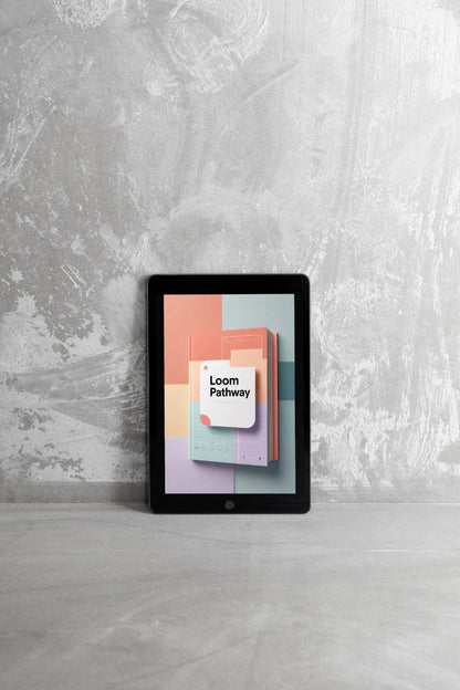 A tablet device standing upright on a light gray surface against a textured gray wall, displaying a colorful digital cover with the text 'Loom Pathway'.