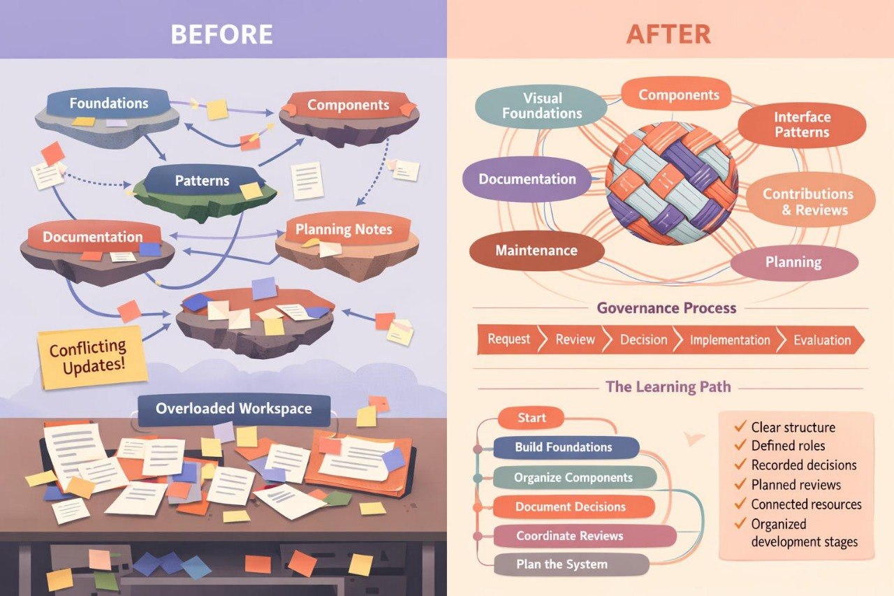 A side-by-side infographic comparing a messy 'BEFORE' software architecture state with an organized 'AFTER' state. The left side shows scattered components, patterns, documentation, and an overloaded workspace under a purple header.