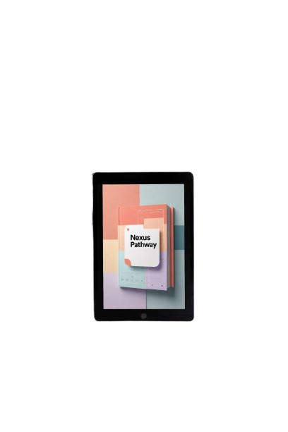 A tablet device shown from above on a white background, displaying the Nexus Pathway app or cover with pastel geometric blocks and a white card labeled 'Nexus Pathway'.