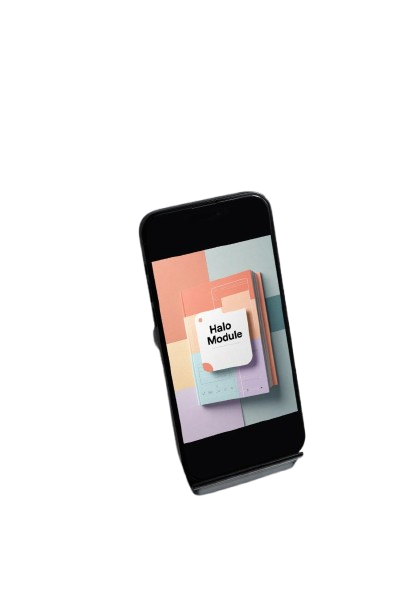 A black smartphone shown standing upright on a small black stand against a plain white background. The phone screen displays a colorful app or module cover with the text 'Hello Module'.