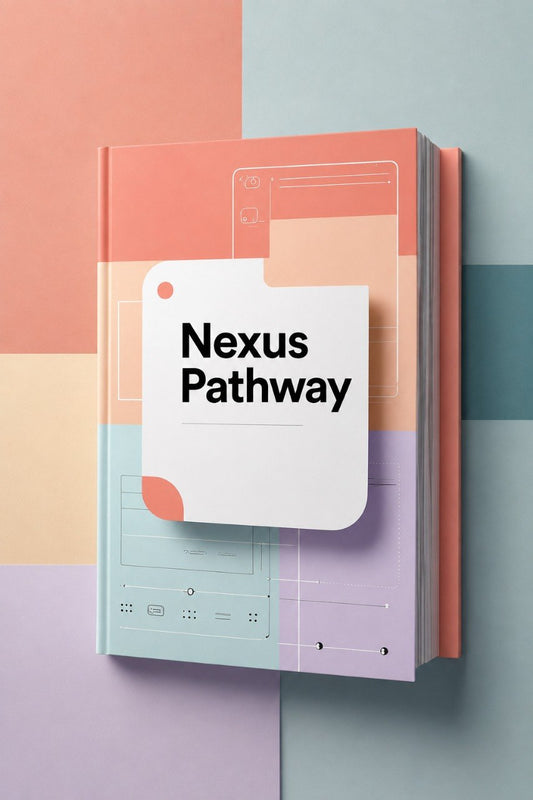A hardcover notebook or book standing upright on a pastel geometric background. The cover features abstract color blocks in peach, cream, mint, lavender, and blue-gray, with a large white sticky-note style label across the front reading 'Nexus Pathway' in black text.