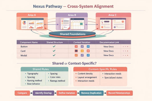 An infographic titled 'Nexus Pathway — Cross-System Alignment' showing UI component alignment between Area A, Area B, and Area C, with a shared foundations table and shared context-specific rules on a light beige background.