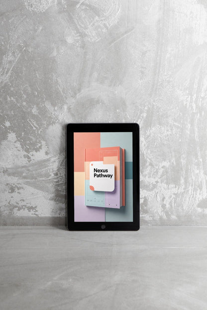 A tablet device standing upright on a light gray surface against a textured gray wall, displaying a colorful cover design with the text 'Nexus Pathway'.