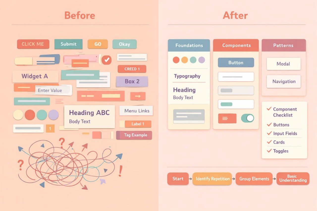A before-and-after UI/UX design comparison graphic on a peach background. The left side labeled 'Before' shows a cluttered collection of colorful UI elements, arrows, and scribbles.