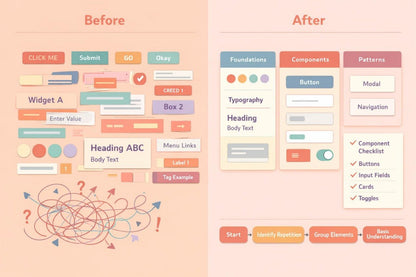 A before-and-after UI/UX design comparison graphic on a peach background. The left side labeled 'Before' shows a cluttered collection of colorful UI elements, arrows, and scribbles.