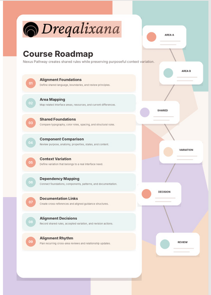 A digital course roadmap template titled 'Drequalixana Course Roadmap' with a list of learning modules on the left and a connected flow diagram on the right, set against a pastel multicolor geometric background.