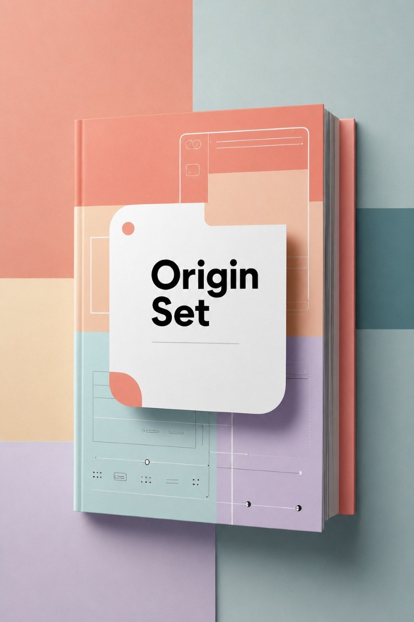 A hardcover notebook or journal standing upright, shown at a slight angle. The cover has a pastel geometric design with peach, lavender, mint, and cream blocks, overlaid with a white sticky note graphic containing the text 'Origin Set' in black.