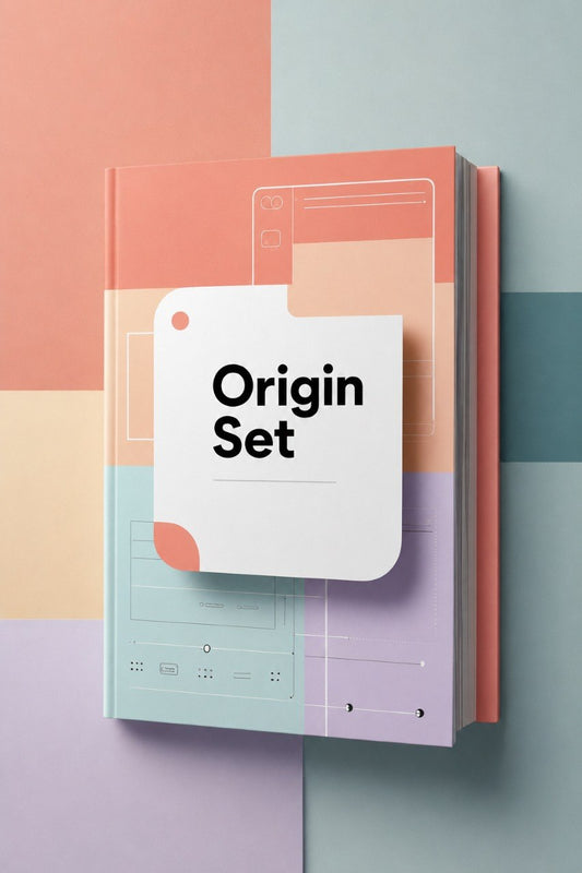 A hardcover notebook or journal standing upright, shown at a slight angle. The cover has a pastel geometric design with peach, lavender, mint, and cream blocks, overlaid with a white sticky note graphic containing the text 'Origin Set' in black.