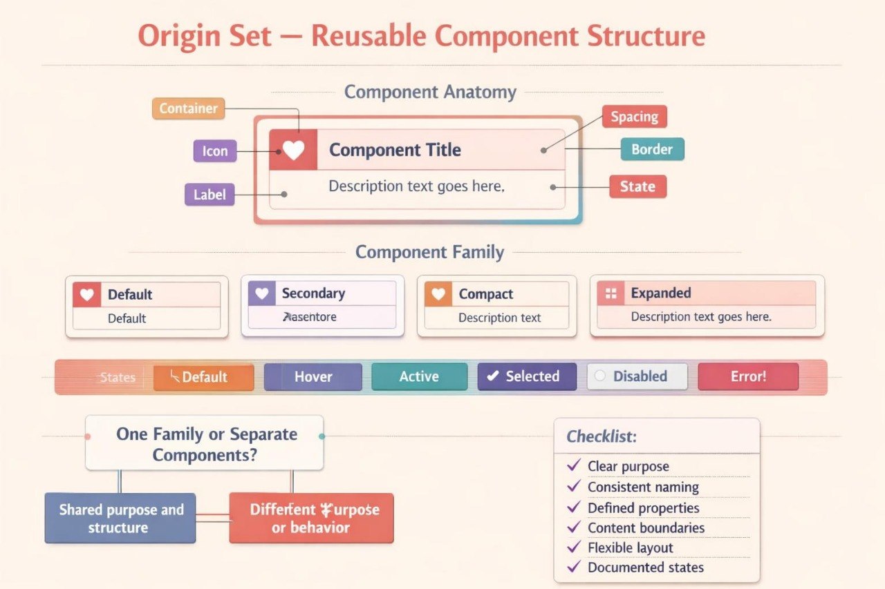 An educational infographic titled 'Origin Set - Reusable Component Structure' explaining component anatomy and design patterns, featuring diagrams, labels, and checklists on a light beige background.