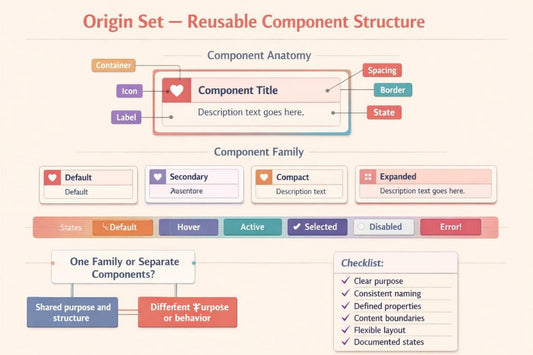 An educational infographic titled 'Origin Set - Reusable Component Structure' explaining component anatomy and design patterns, featuring diagrams, labels, and checklists on a light beige background.
