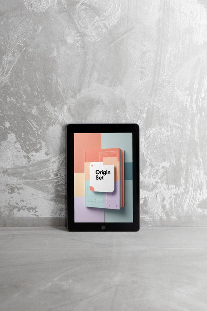 A tablet device standing upright on a light gray surface against a textured gray wall, displaying a colorful cover design labeled 'Origin Set'.